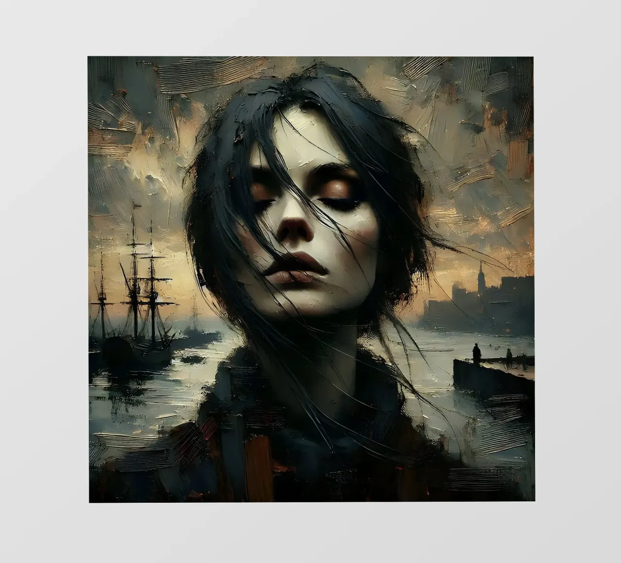 Woman in the harbour - Portrait painting in Impasto style backlit film by nomad