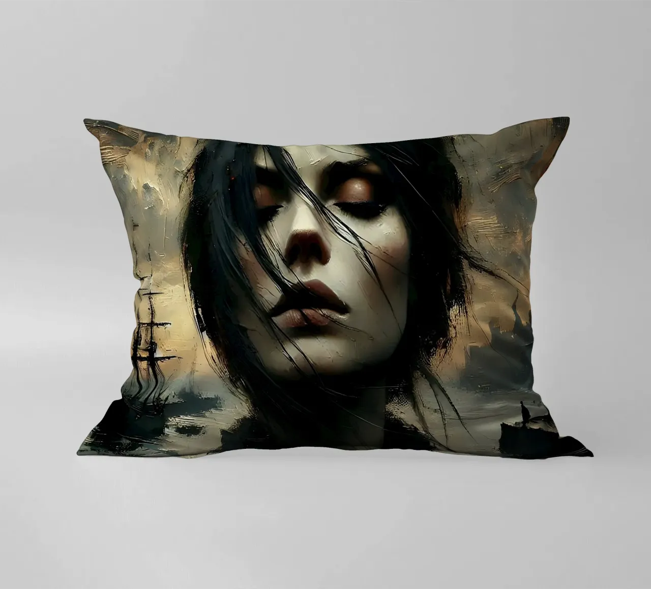 Woman in the harbour - Portrait painting in Impasto style decorative cushion by nomad