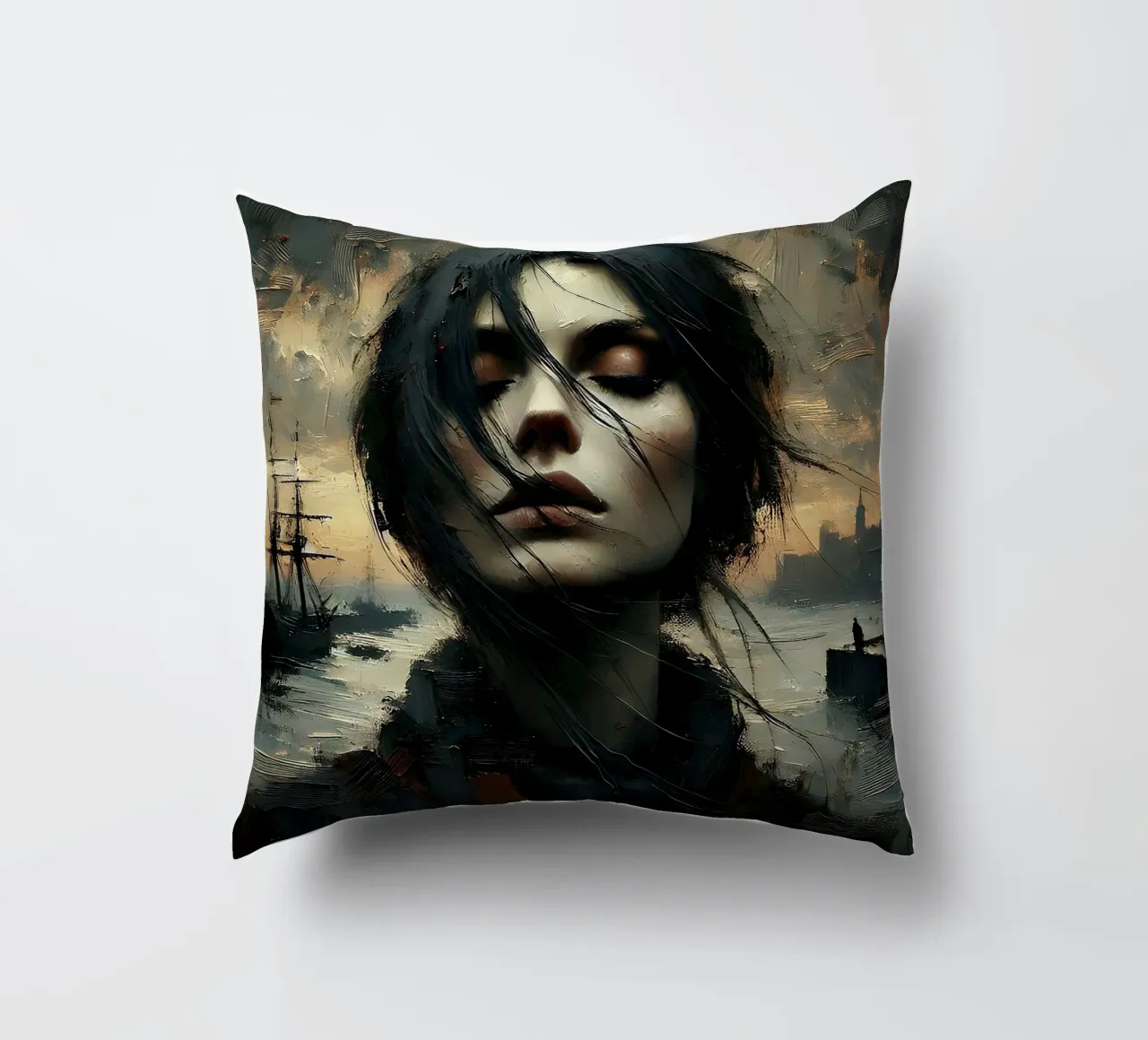 Woman in the harbour - Portrait painting in Impasto style decorative cushion by nomad