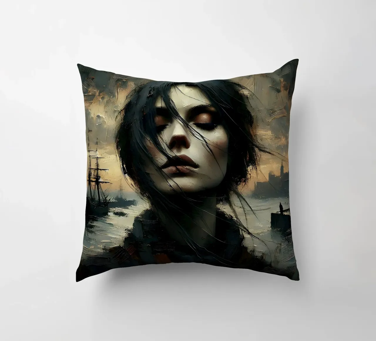 Woman in the harbour - Portrait painting in Impasto style decorative cushion by nomad