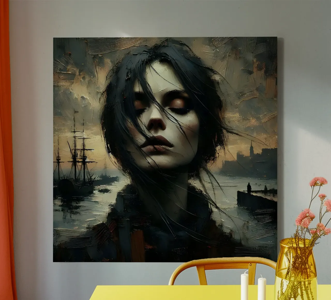 Vrouw in de haven - Portret schilderij in Impasto stijl canvas met Baklijst van nomad