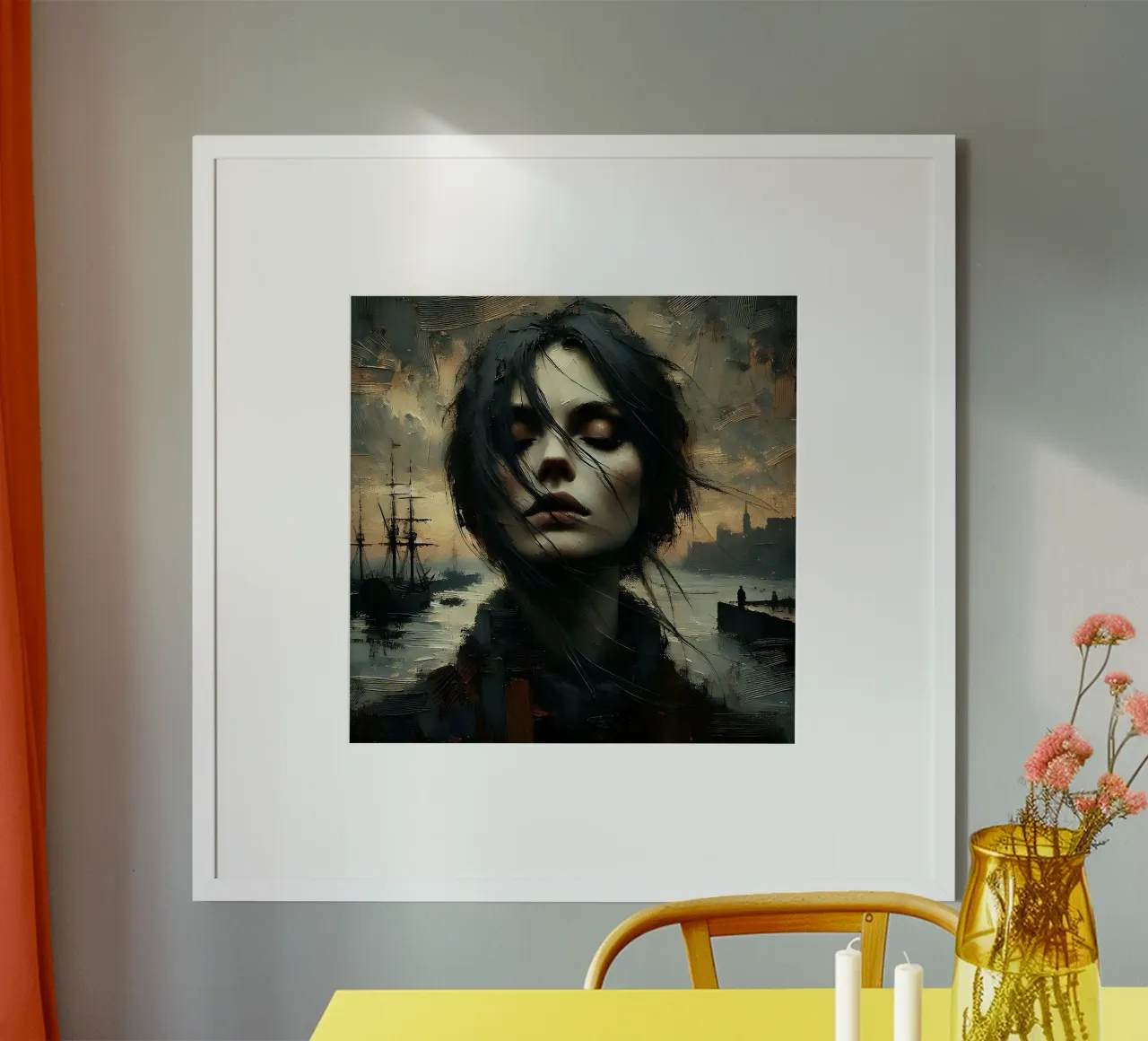 Femme dans le port - tableau-portrait de style Impasto poster avec cadre en bois de nomad