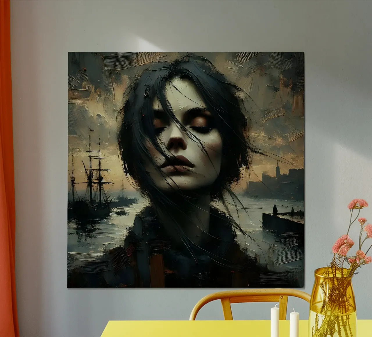 Femme dans le port - tableau-portrait de style Impasto poster avec cadre en bois de nomad
