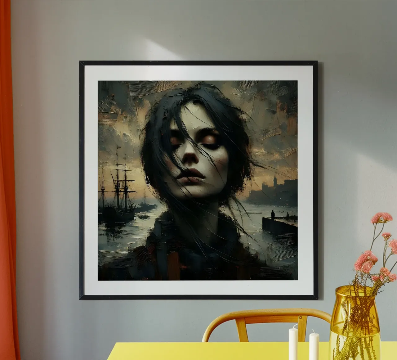 Femme dans le port - tableau-portrait de style Impasto poster avec cadre en bois de nomad