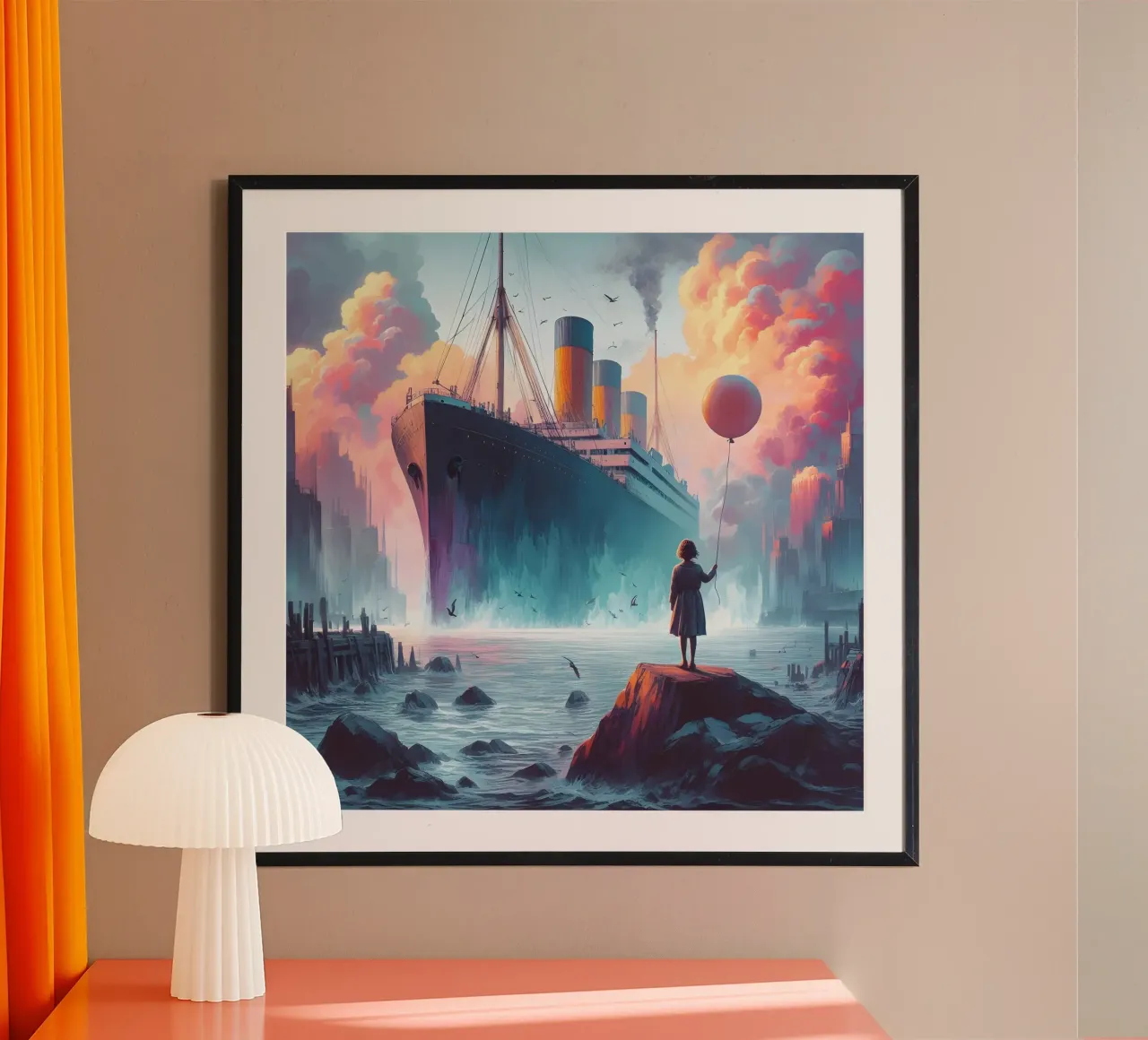 Ragazza con palloncino rosso poster con telaio in legno da nomad