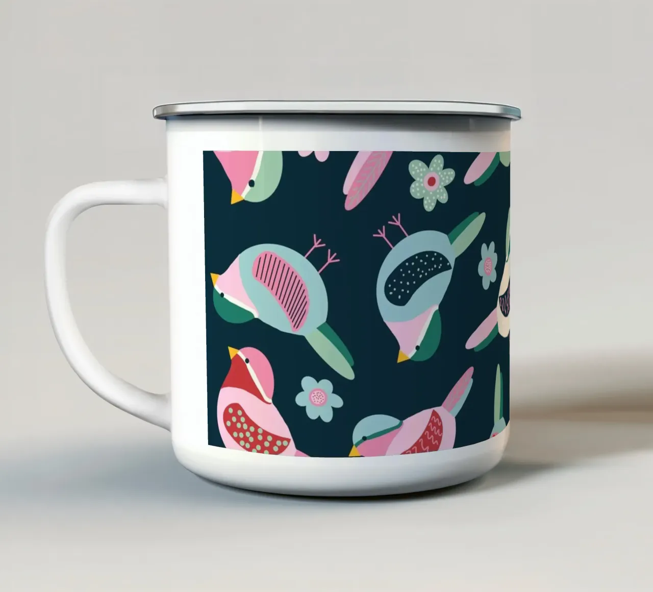 Alle Vögel sind da (Hintergrund dunkel) enamel mug by Miris bunte Modewelt
