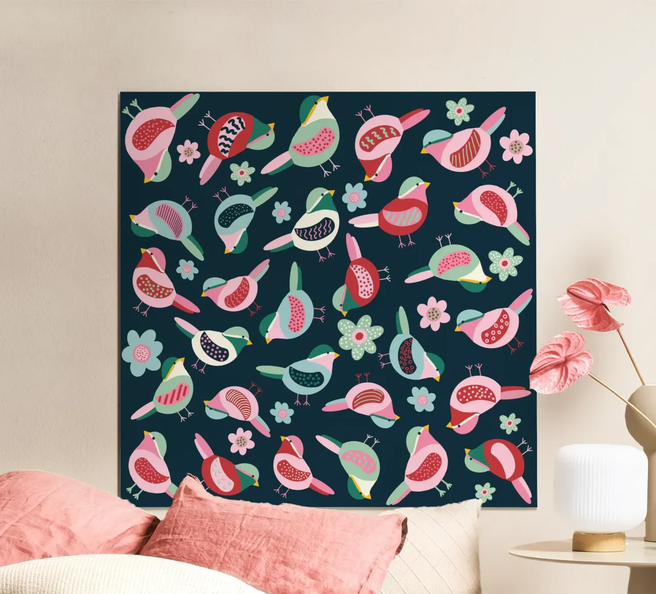 Alle Vögel sind da (Hintergrund dunkel) poster con telaio in plastica da Miris bunte Modewelt