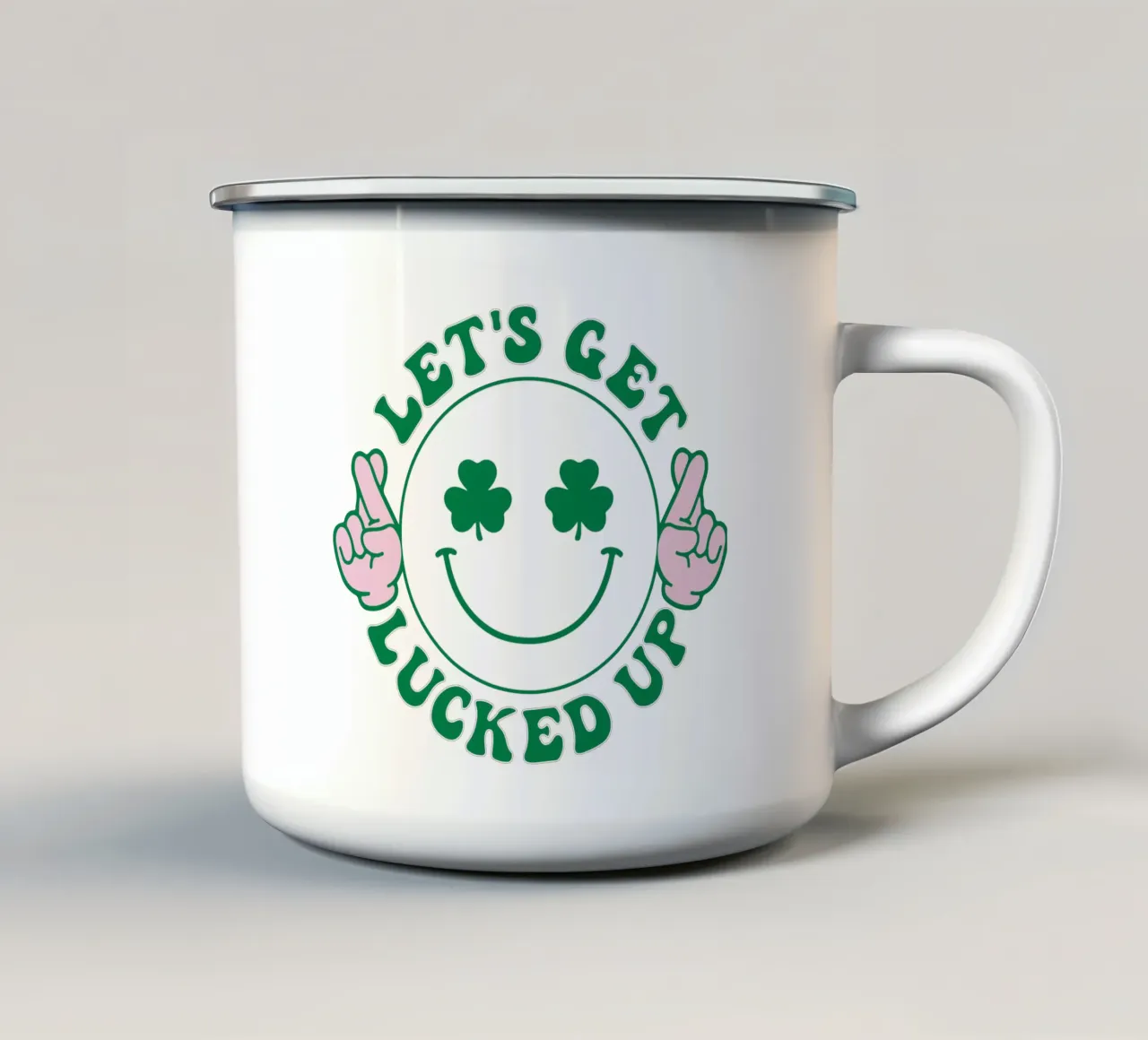 st patrick lets get lucked up grappig art design emaille mok van onefeelshop