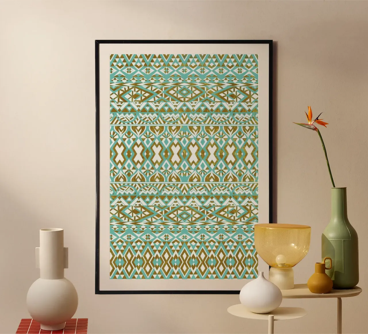 Mint And Gold Tribal Beach poster con telaio in alluminio da Pom Graphic Design