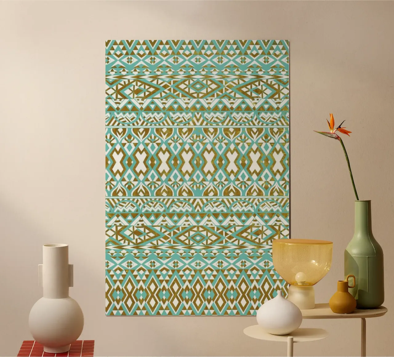 Mint And Gold Tribal Beach poster con telaio in alluminio da Pom Graphic Design