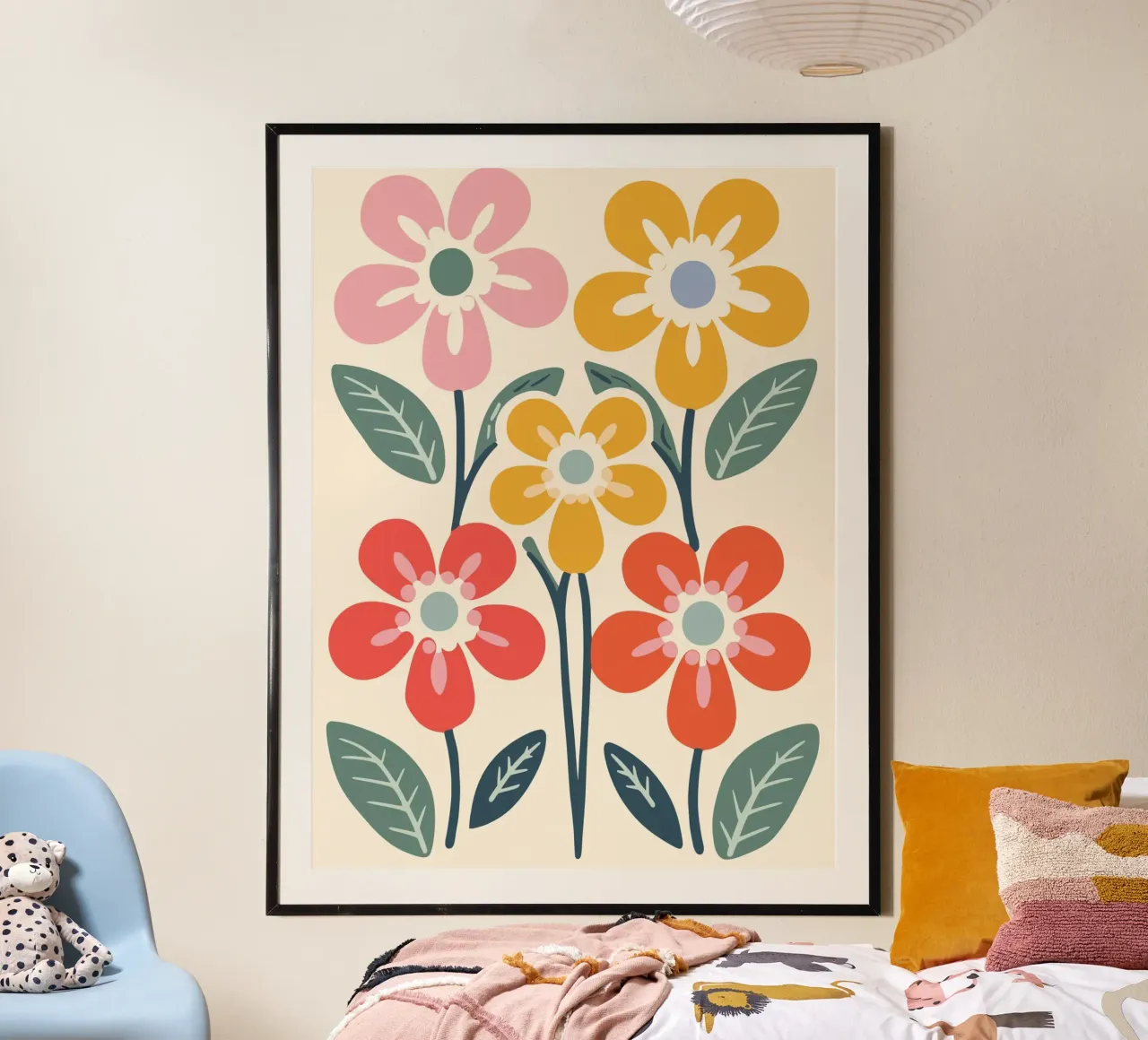 Flower meadow retro look poster with wooden frame by Whole©