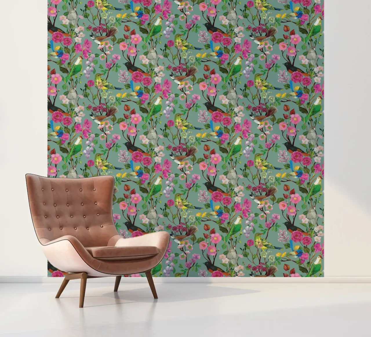 Cecilia Mok - Birds and Blooms Chinoiserie Duck Egg photo wallpaper by The Artcircle