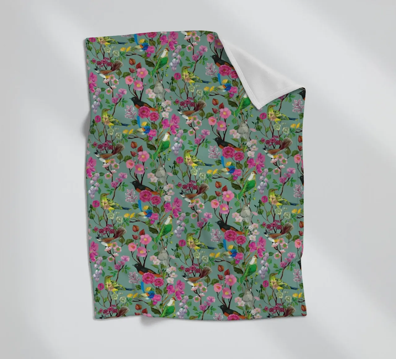 Cecilia Mok - Birds and Blooms Chinoiserie Duck Egg fleece blanket by The Artcircle