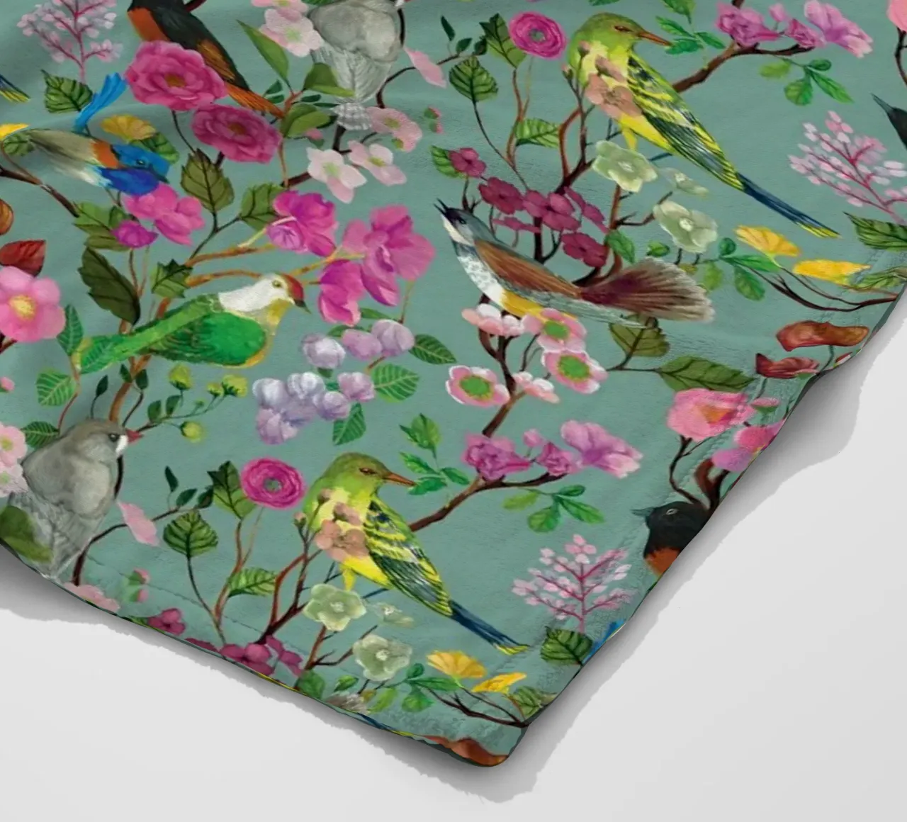 Cecilia Mok - Birds and Blooms Chinoiserie Duck Egg fleece blanket by The Artcircle