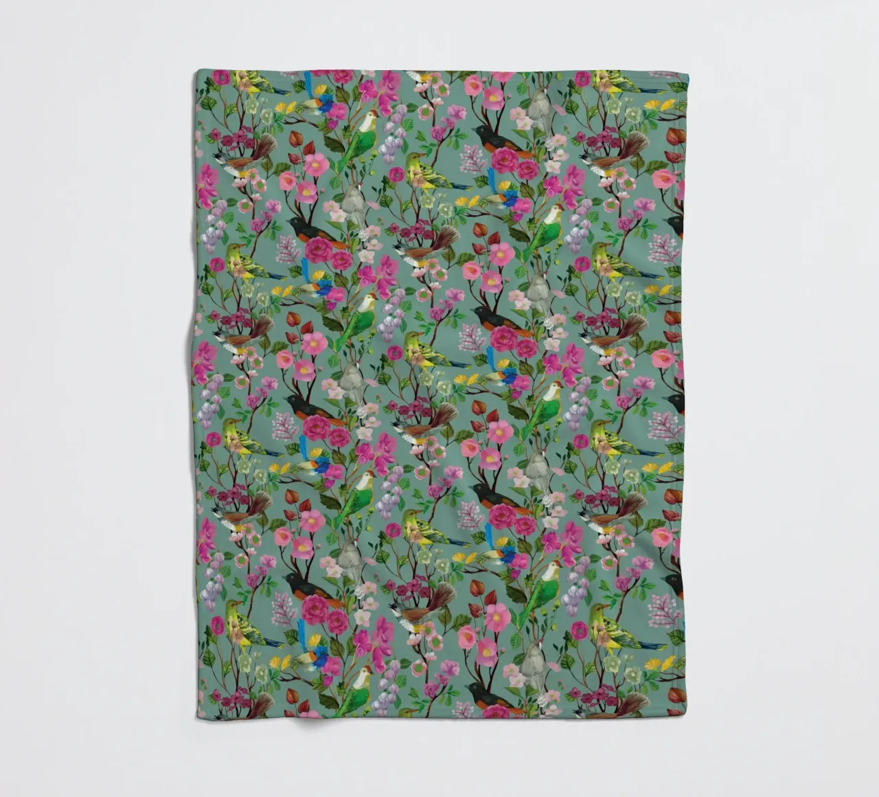 Cecilia Mok - Birds and Blooms Chinoiserie Duck Egg fleece blanket by The Artcircle