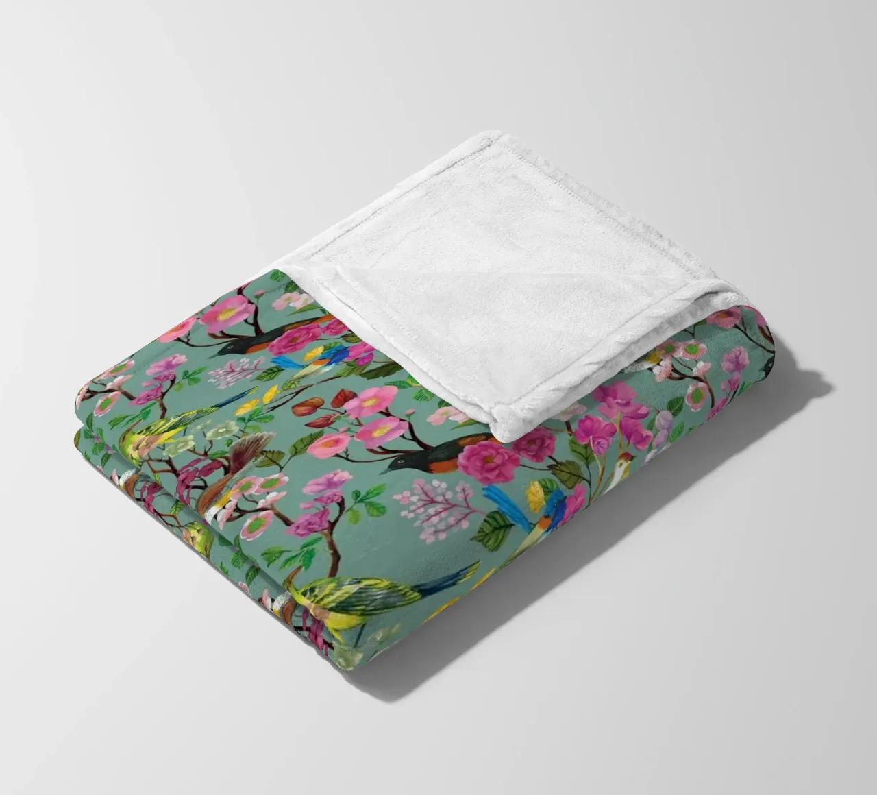 Cecilia Mok - Birds and Blooms Chinoiserie Duck Egg fleece blanket by The Artcircle