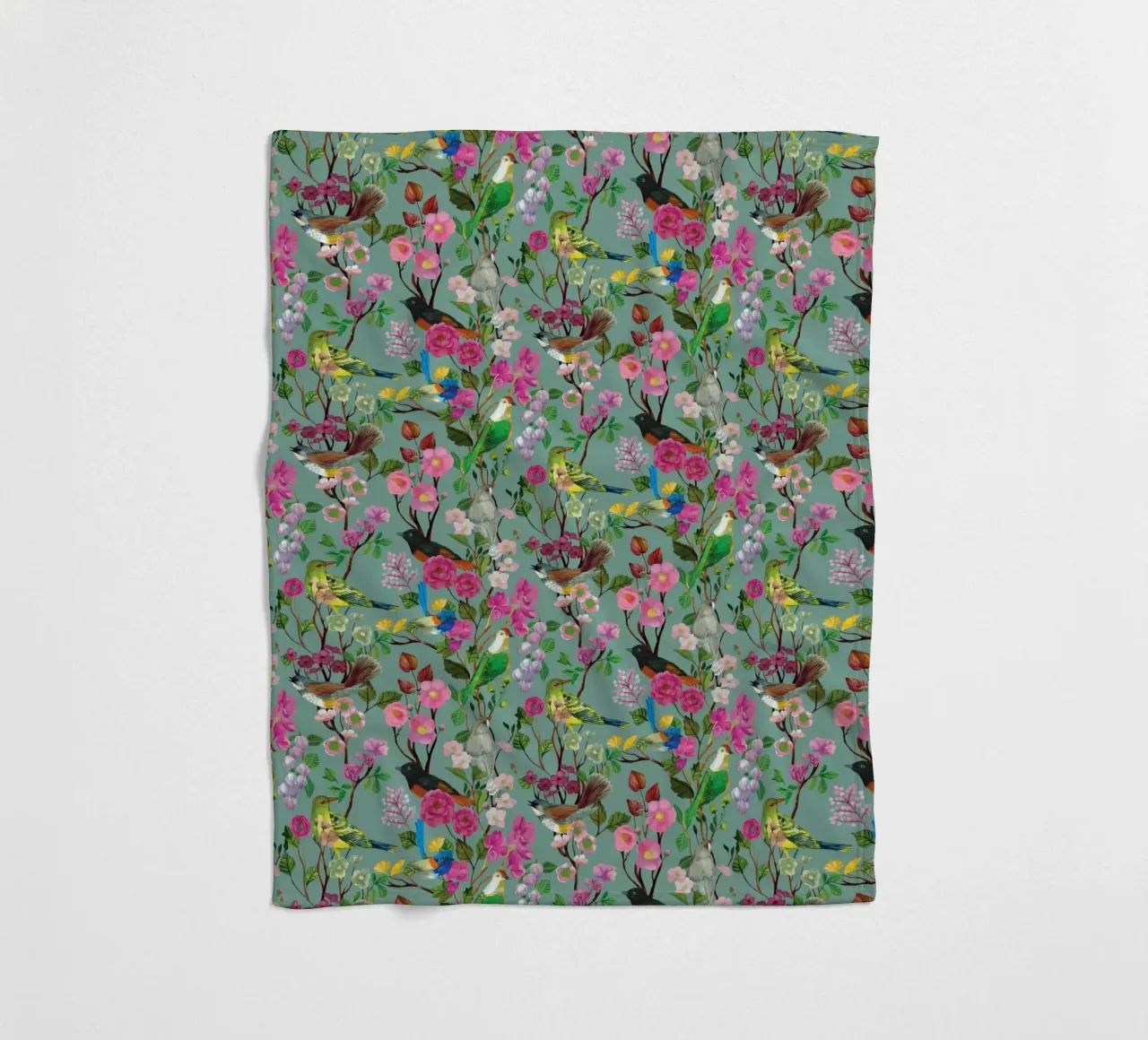 Cecilia Mok - Birds and Blooms Chinoiserie Duck Egg fleece blanket by The Artcircle