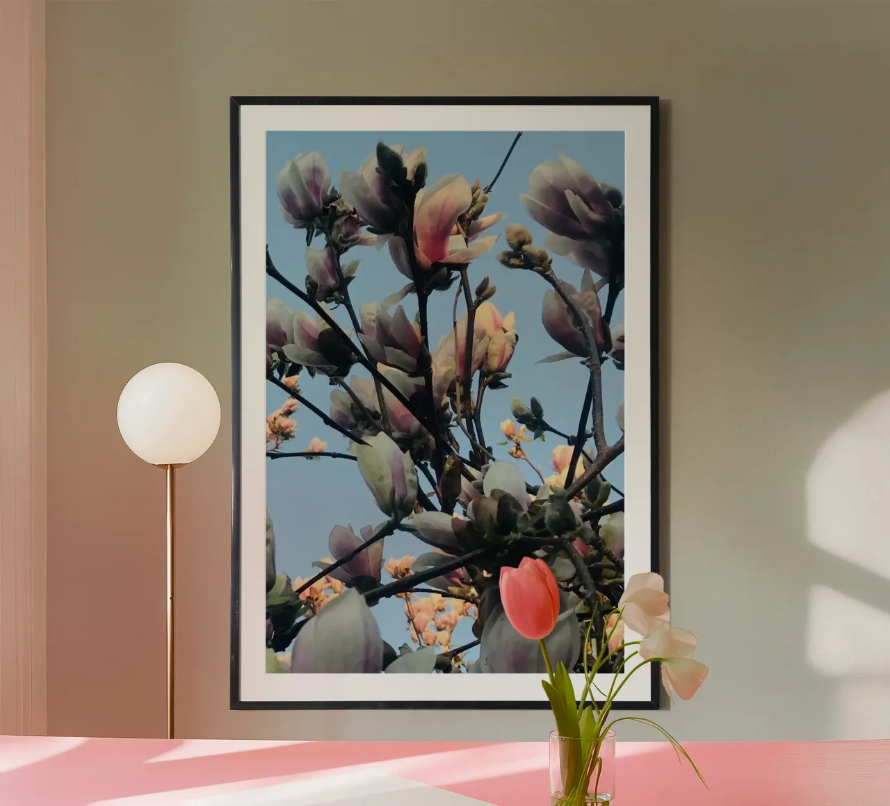 Magnolia blossom in the morning sun poster with plastic frame by Art Studio by Iris
