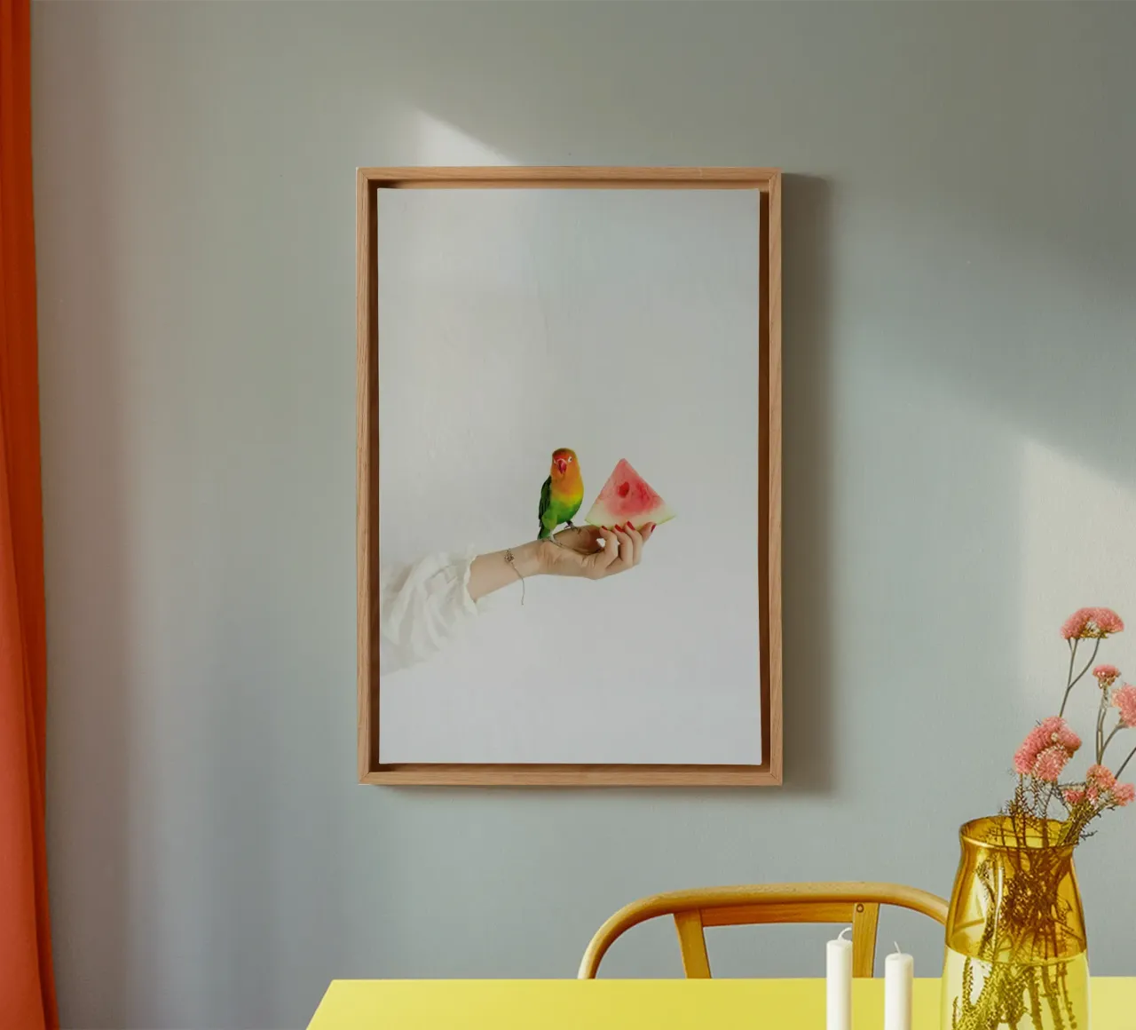 Watermelon And Parrot canvas with Floater frame by Jovana Rikalo