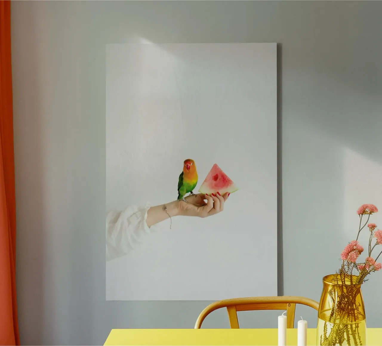 Watermelon And Parrot canvas with Floater frame by Jovana Rikalo