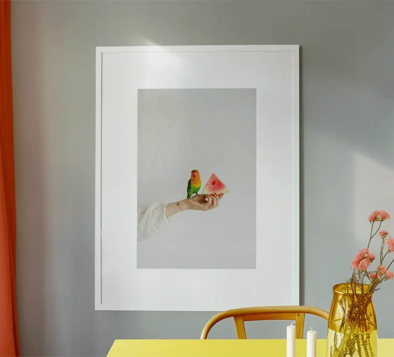 Watermelon And Parrot poster con telaio in alluminio da Jovana Rikalo