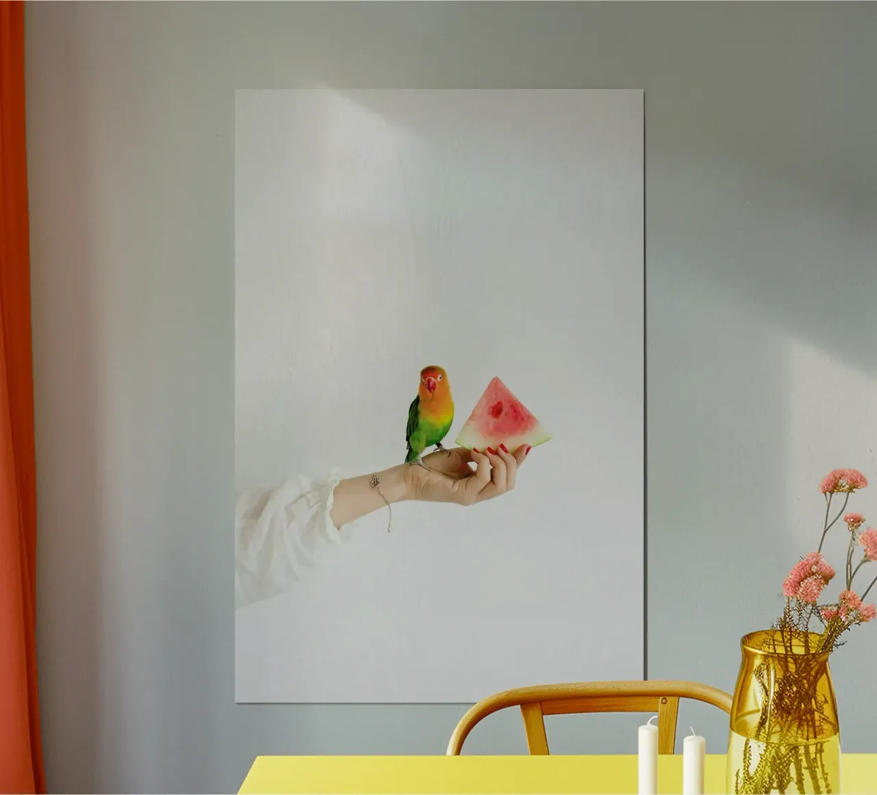 Watermelon And Parrot poster con telaio in alluminio da Jovana Rikalo