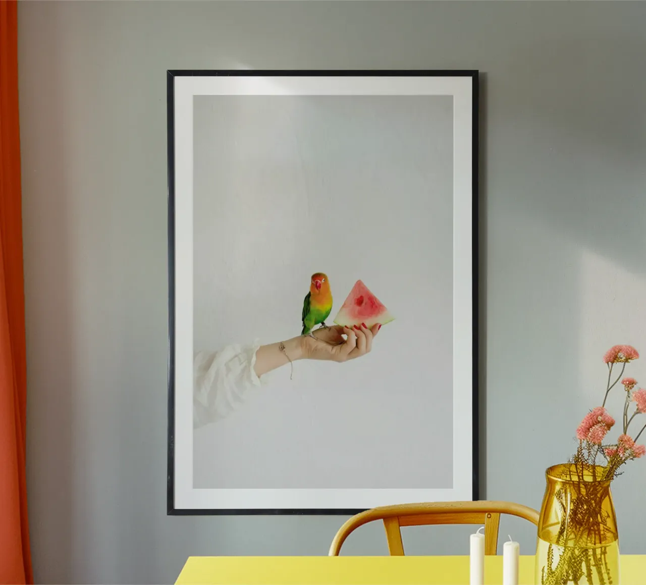 Watermelon And Parrot poster con telaio in alluminio da Jovana Rikalo