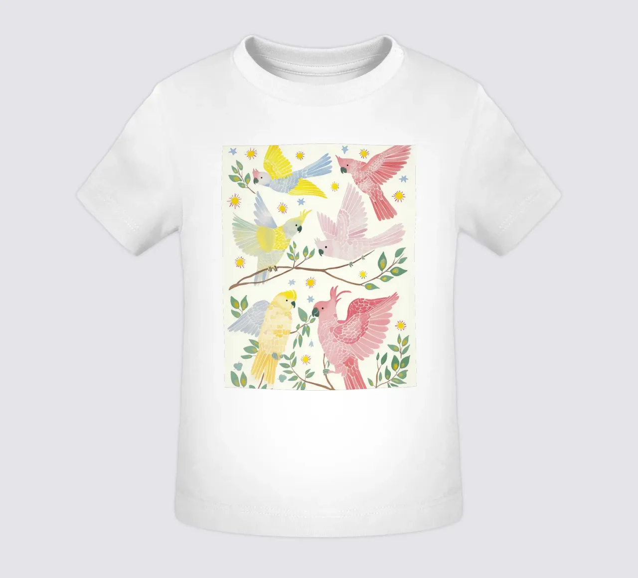 Whimsical Cute Cockatoos Parrots Birds in Botanical Floral baby t-shirt by Gentle Echoes Art