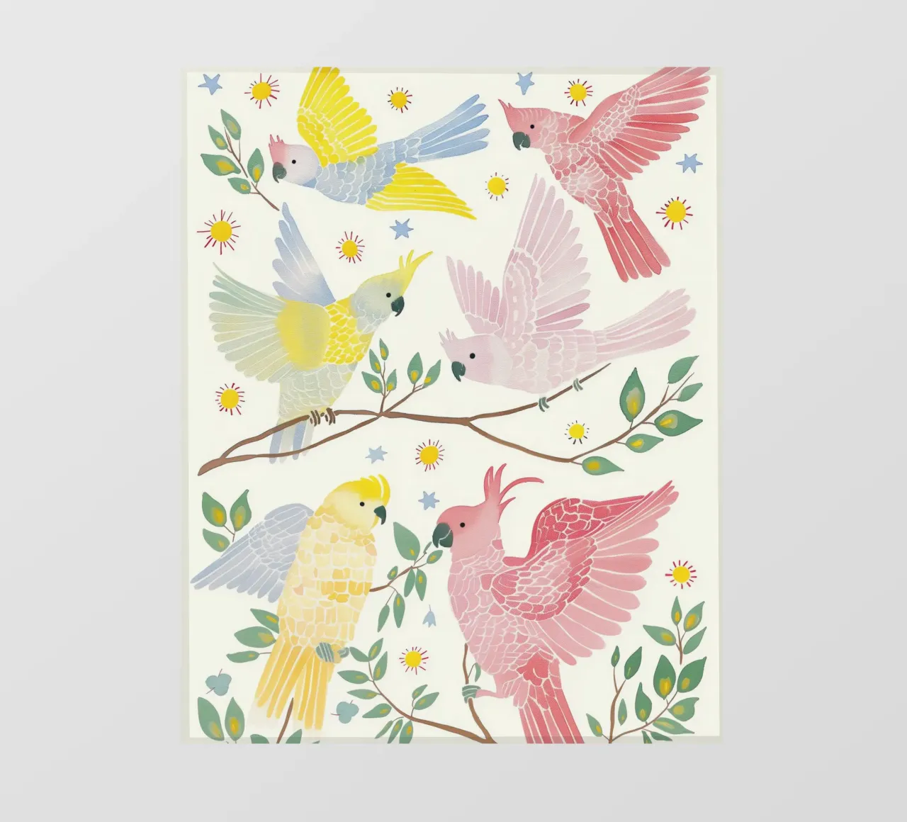 Estroso Cacatua Pappagalli Uccelli in Botanical Floral pellicola backlit da Gentle Echoes Art
