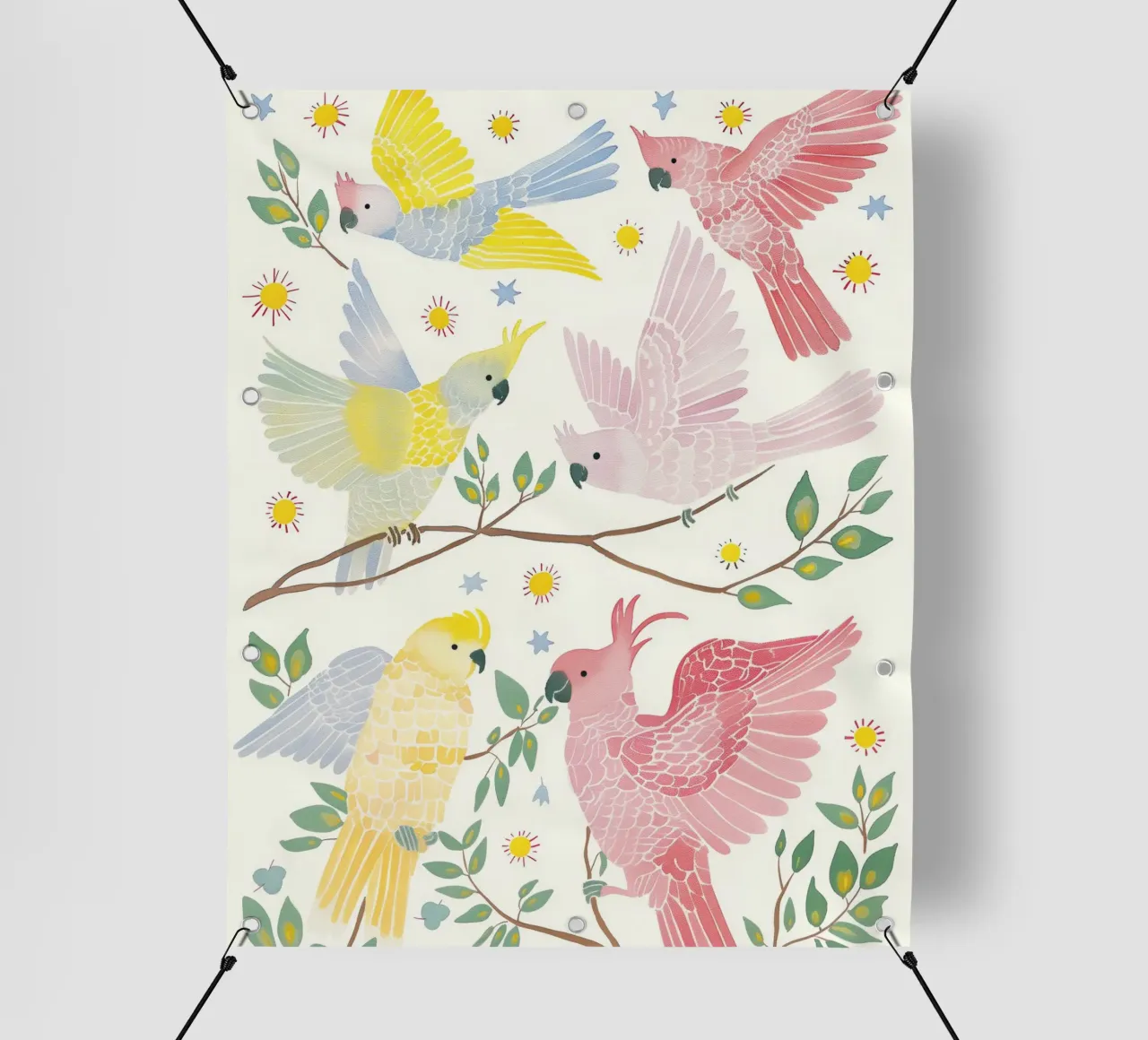 Estroso Cacatua Pappagalli Uccelli in Botanical Floral telo in pvc da Gentle Echoes Art