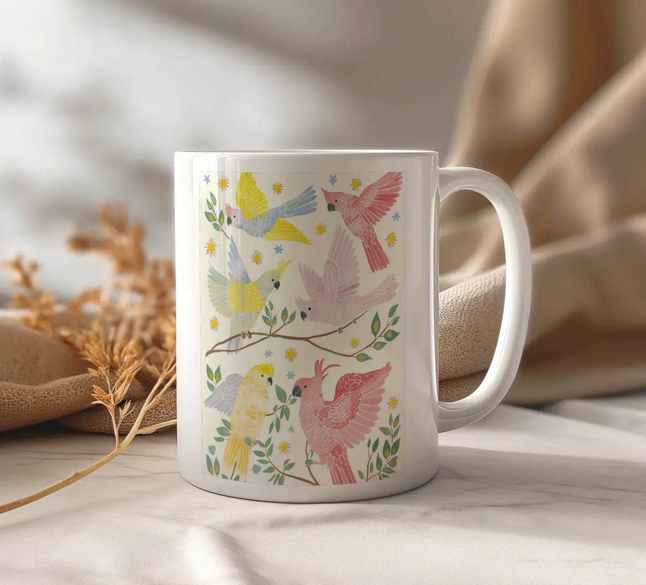 Estroso Cacatua Pappagalli Uccelli in Botanical Floral tazza in ceramica da Gentle Echoes Art