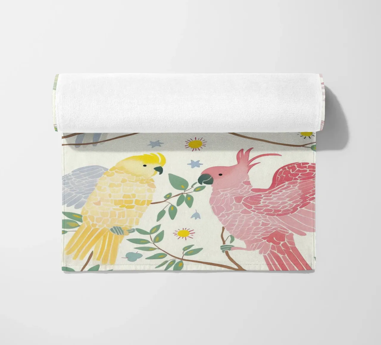Estroso Cacatua Pappagalli Uccelli in Botanical Floral telo mare da Gentle Echoes Art