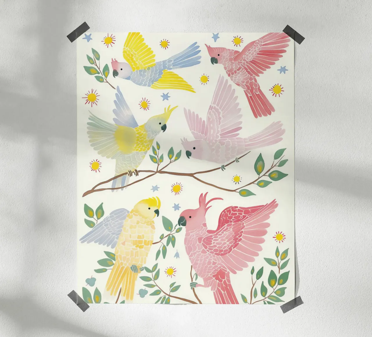 Estroso Cacatua Pappagalli Uccelli in Botanical Floral carta hahnemühle da Gentle Echoes Art