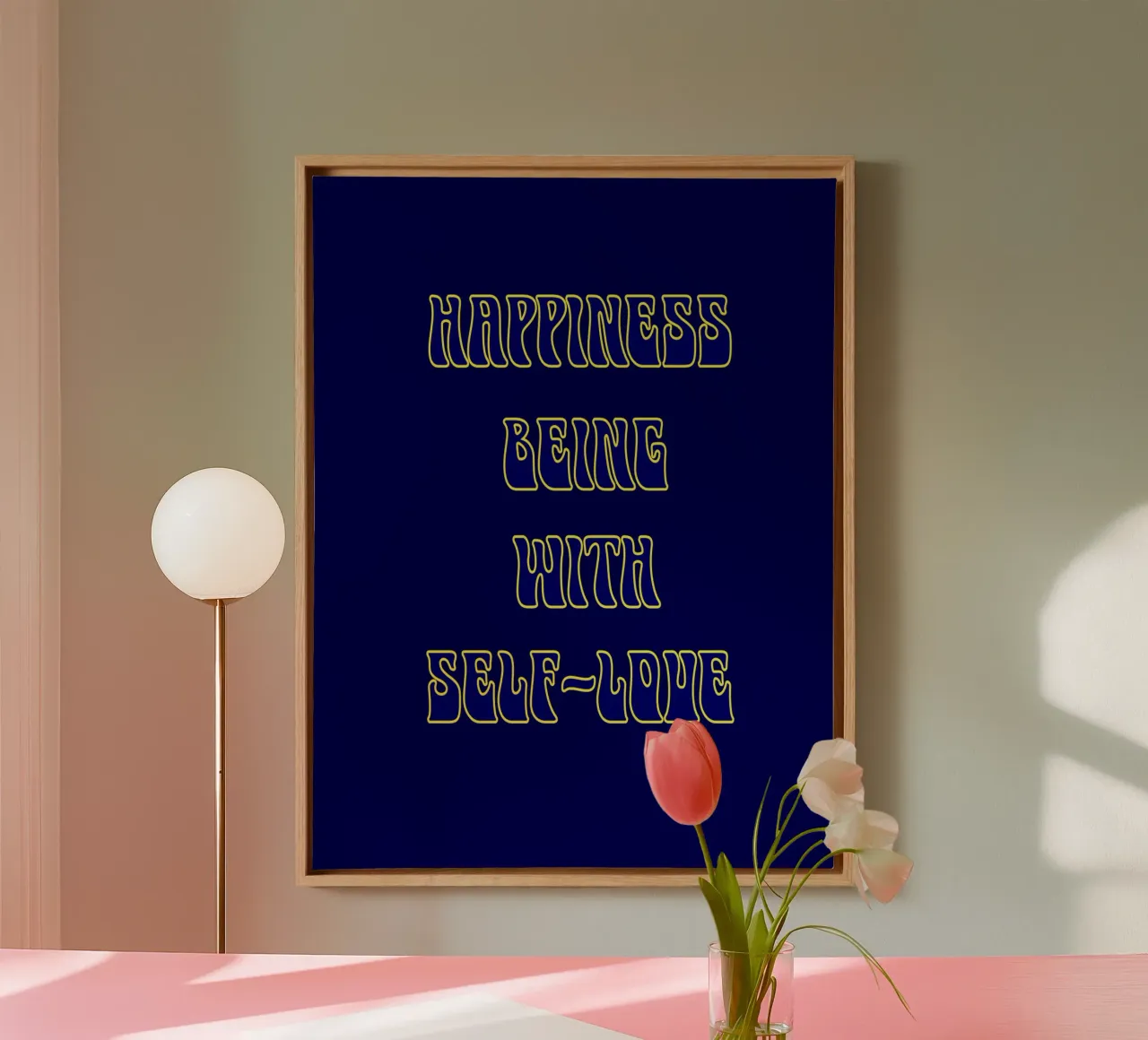 Happiness is Being with Self-Love - Retro Typography Print canvas with Floater frame by inspirational quote