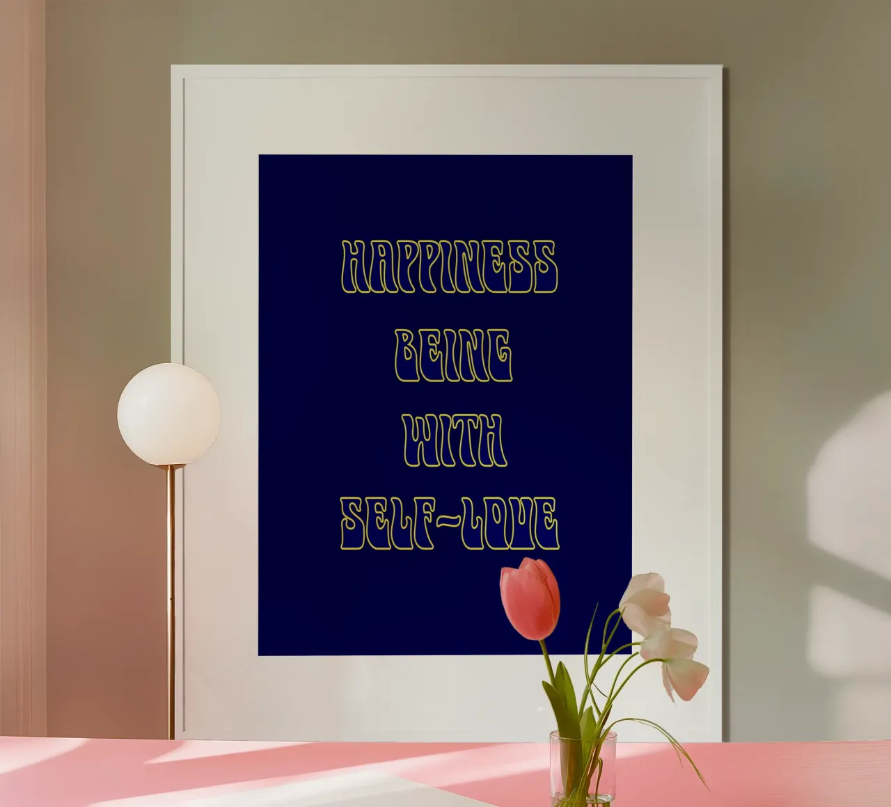 Happiness is Being with Self-Love - Retro Typography Print poster with plastic frame by inspirational quote