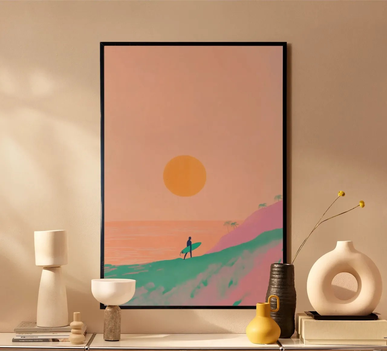 Surfer's Paradise at Sunset poster with wooden frame by Melloi Art Print