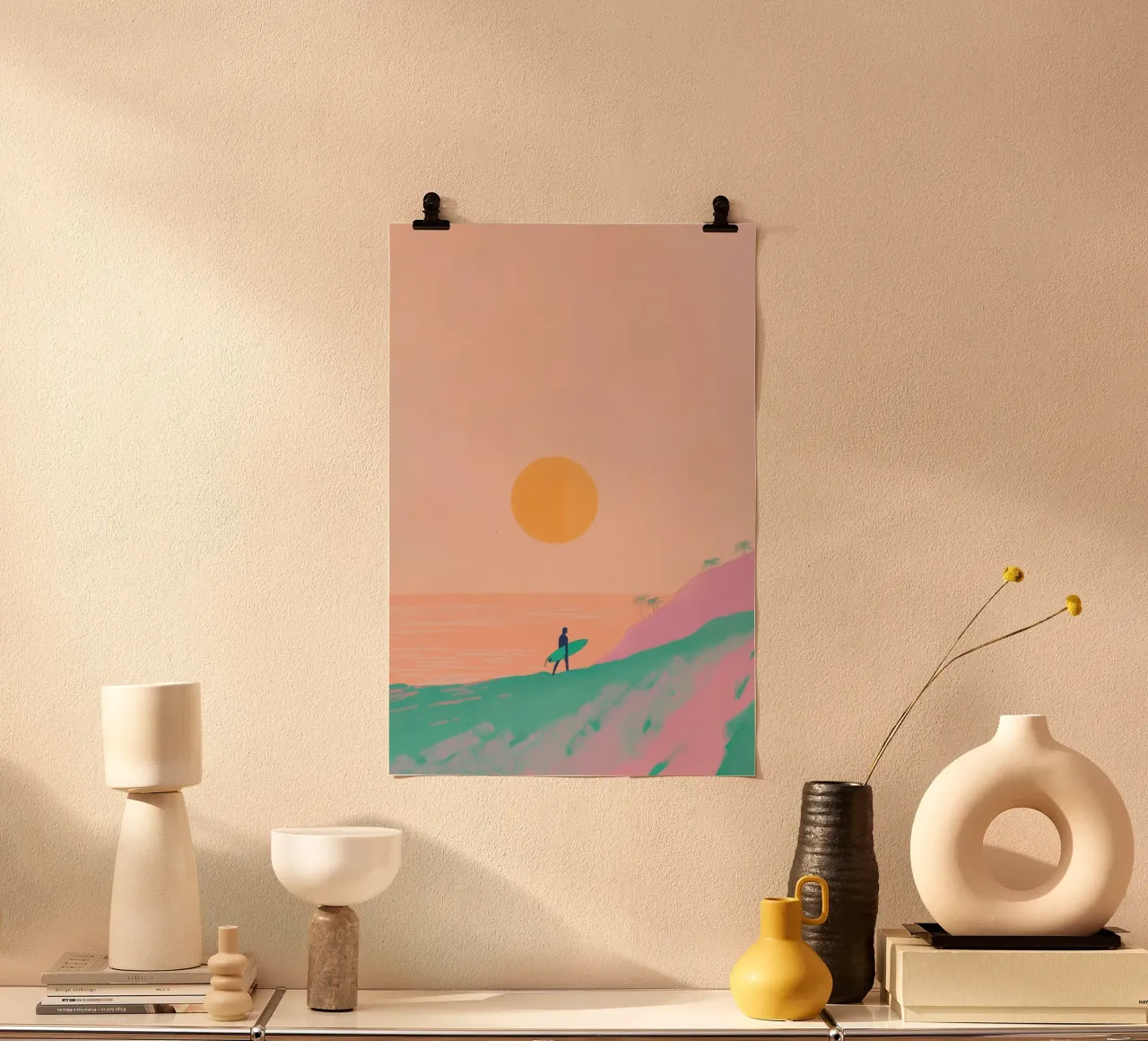 Surfer's Paradise at Sunset poster with wooden frame by Melloi Art Print