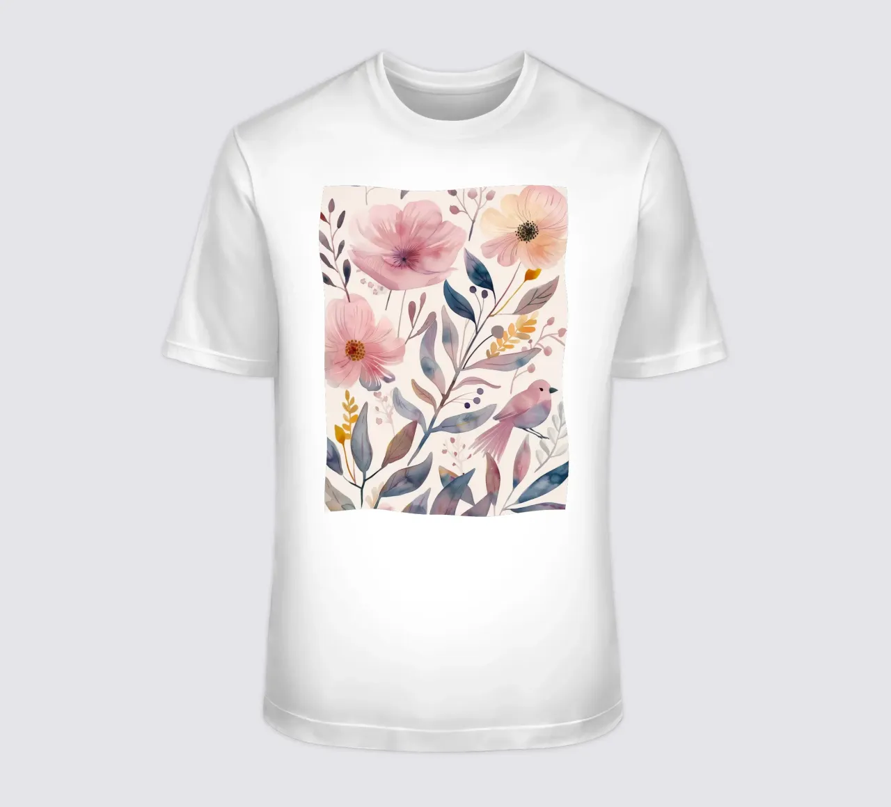Carino rosa botanico primavera fiore papavero e uccello rosa fringuello t-shirt da Gentle Echoes Art
