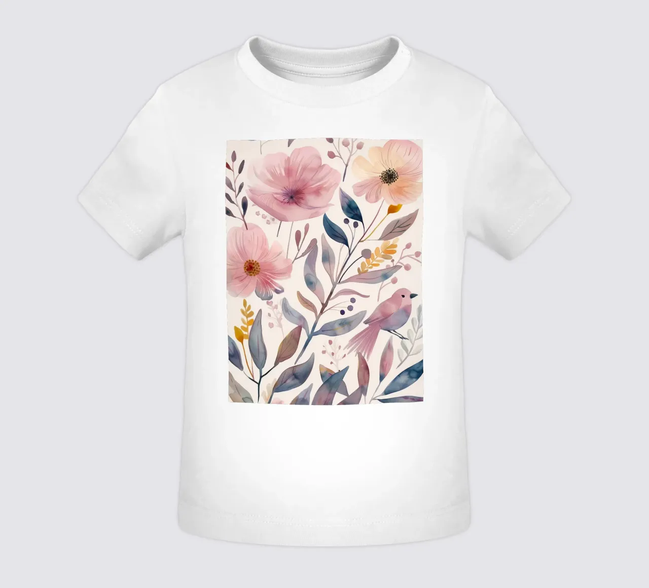 Carino rosa botanico primavera fiore papavero e uccello rosa fringuello maglietta neonato da Gentle Echoes Art