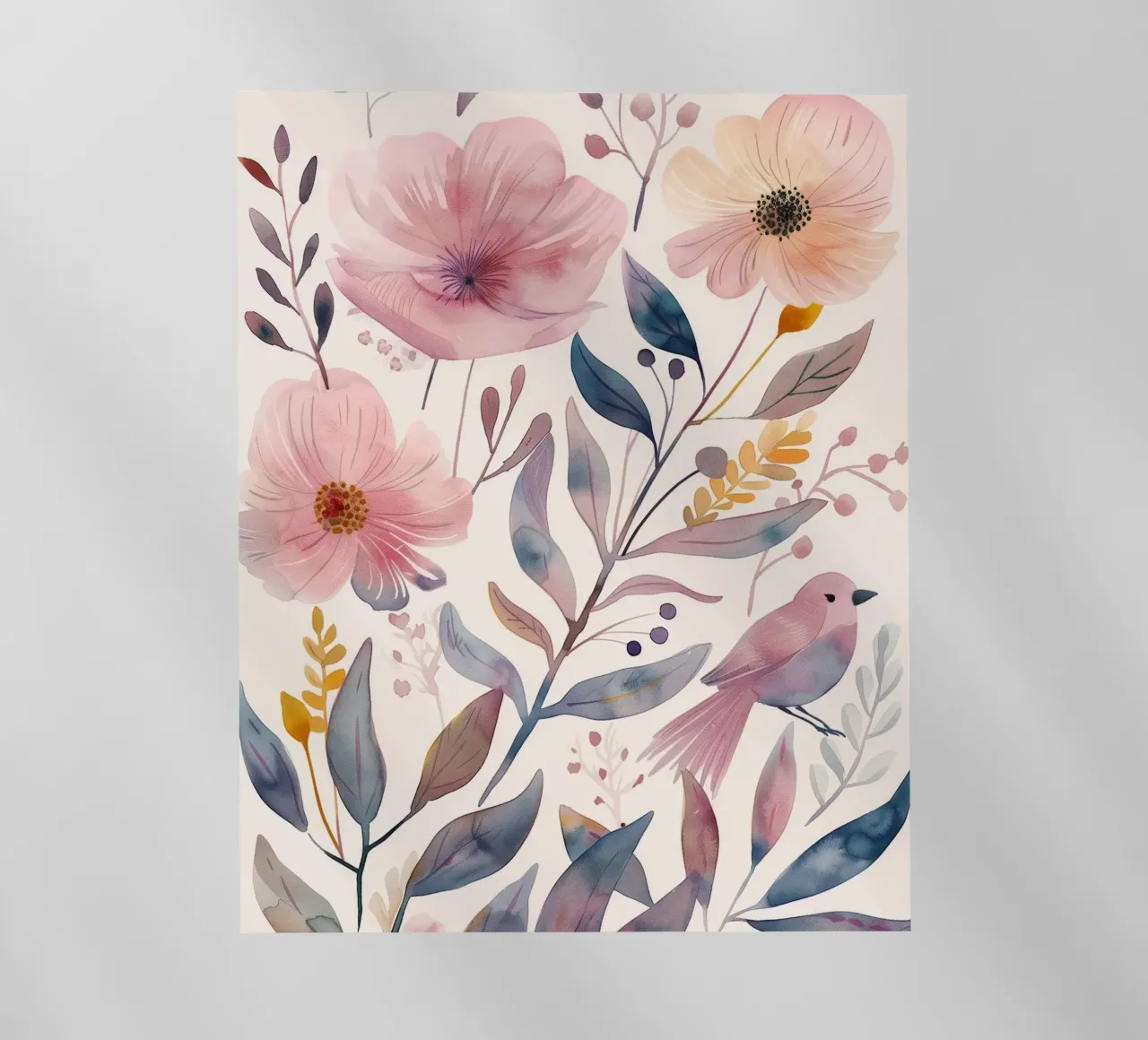 Carino rosa botanico primavera fiore papavero e uccello rosa fringuello pellicola backlit da Gentle Echoes Art