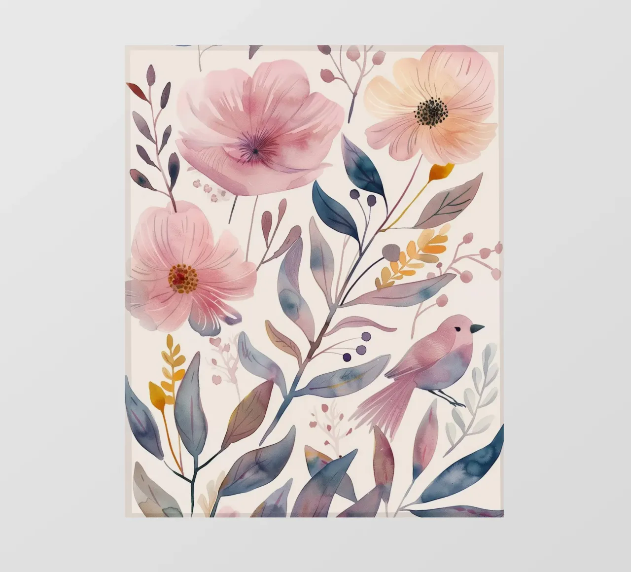 Carino rosa botanico primavera fiore papavero e uccello rosa fringuello telo in pvc da Gentle Echoes Art