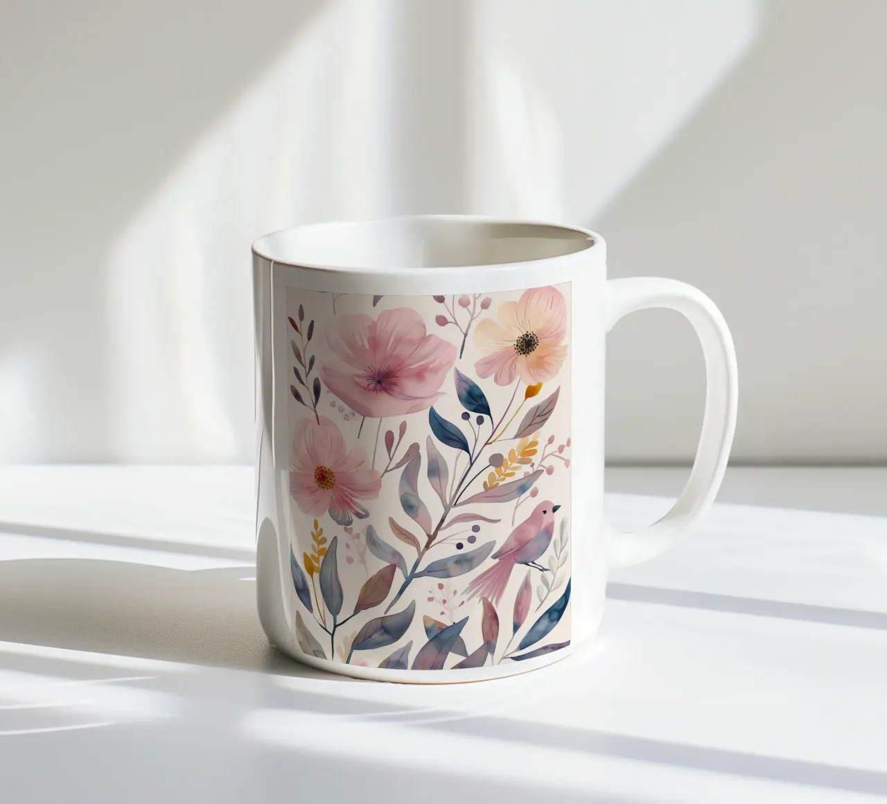 Carino rosa botanico primavera fiore papavero e uccello rosa fringuello tazza in ceramica da Gentle Echoes Art