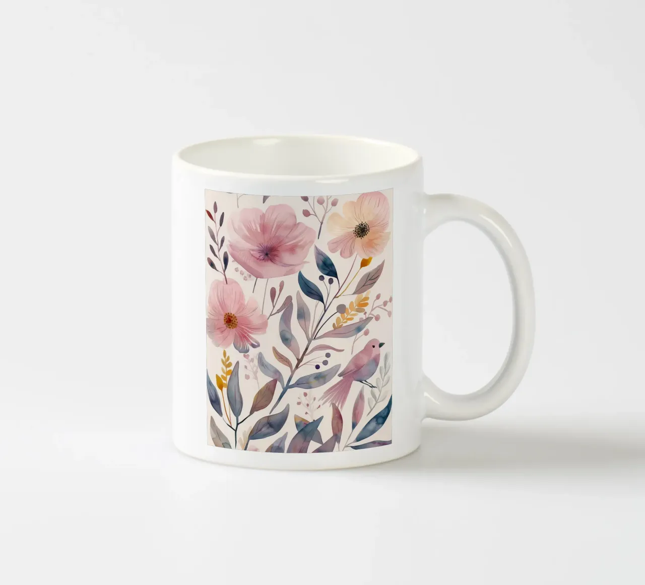 Carino rosa botanico primavera fiore papavero e uccello rosa fringuello tazza in ceramica da Gentle Echoes Art