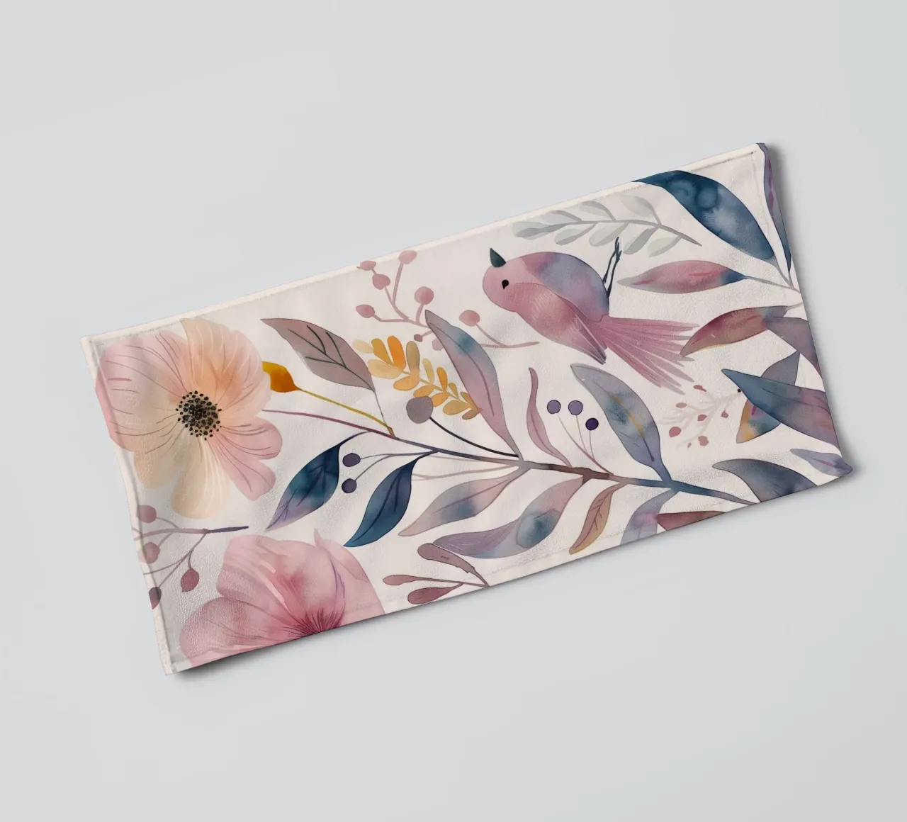 Carino rosa botanico primavera fiore papavero e uccello rosa fringuello asciugamano da bagno da Gentle Echoes Art