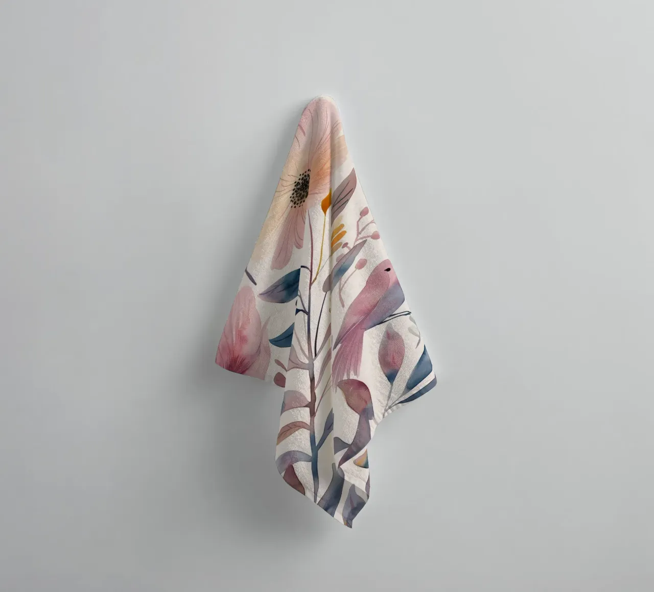 Carino rosa botanico primavera fiore papavero e uccello rosa fringuello asciugamano da bagno da Gentle Echoes Art