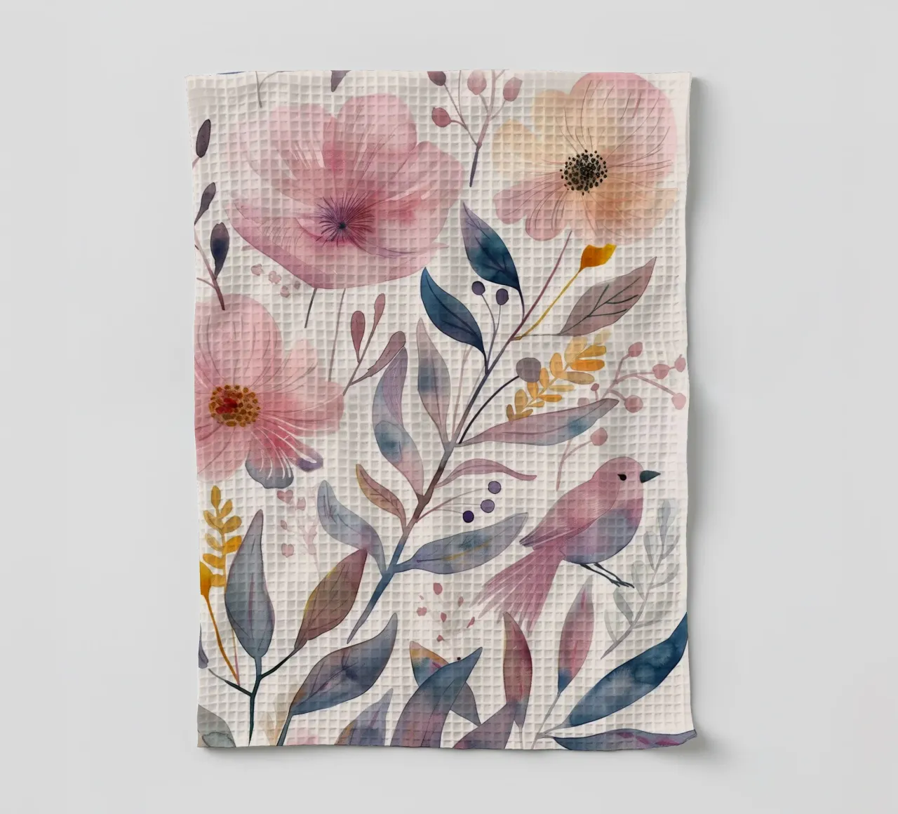Carino rosa botanico primavera fiore papavero e uccello rosa fringuello canovaccio da cucina da Gentle Echoes Art