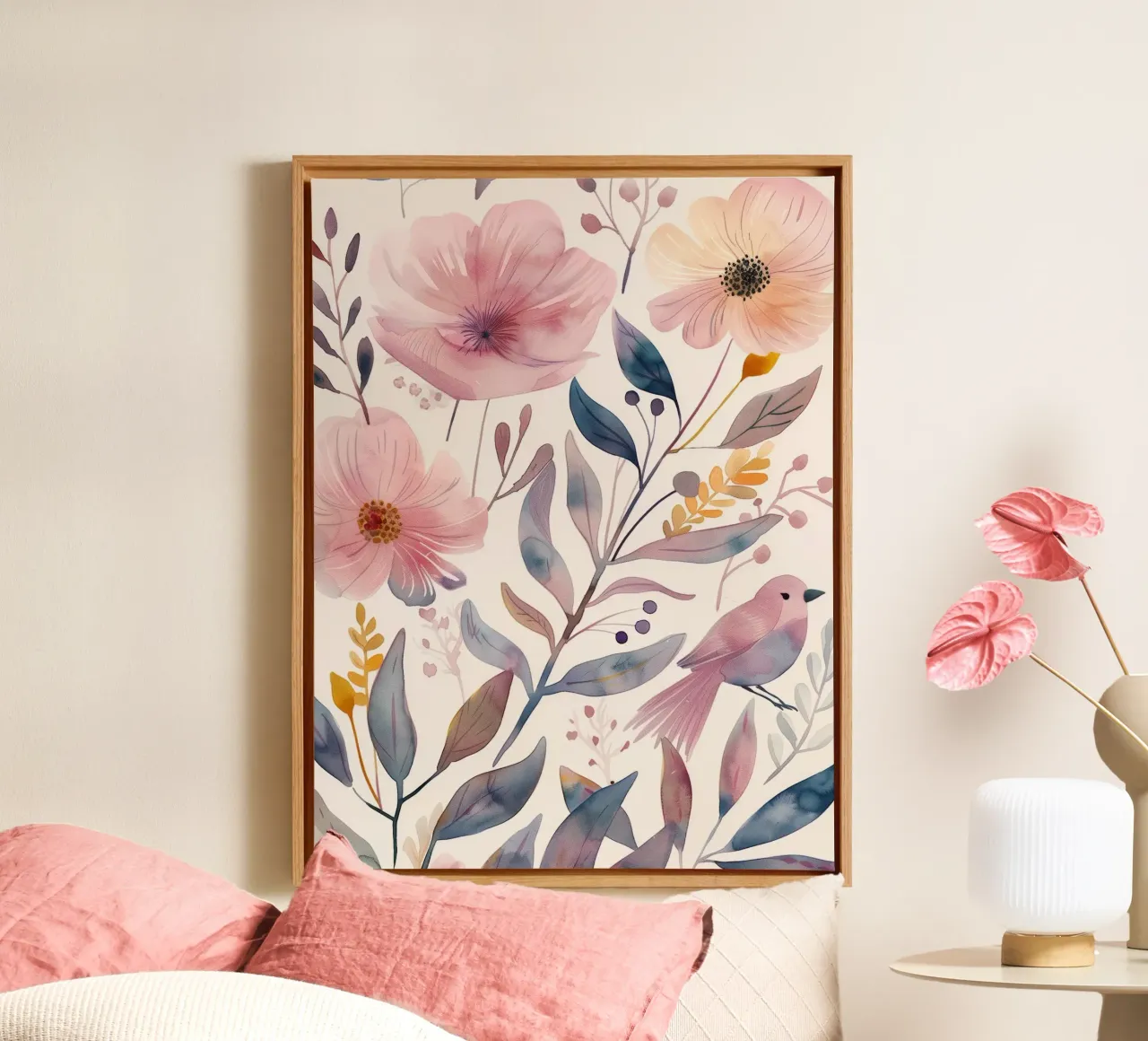 Lindo Botánico Rosa Primavera Amapola Flor y Pájaro Rosa Pinzón lienzo con Marco flotante de Gentle Echoes Art