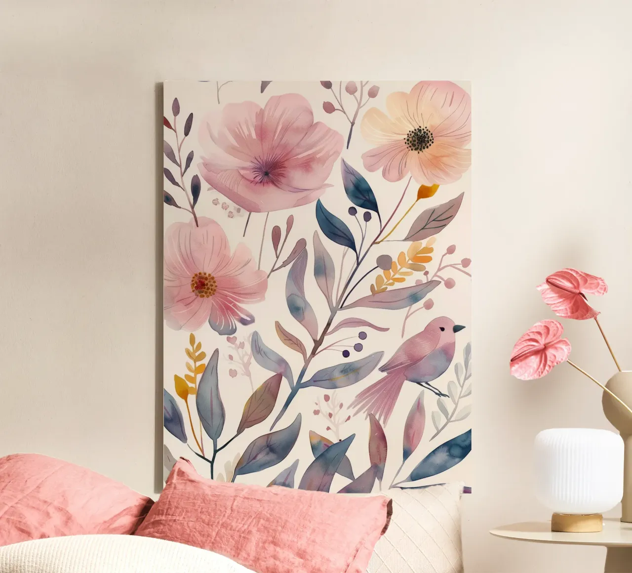 Lindo Botánico Rosa Primavera Amapola Flor y Pájaro Rosa Pinzón lienzo con Marco flotante de Gentle Echoes Art