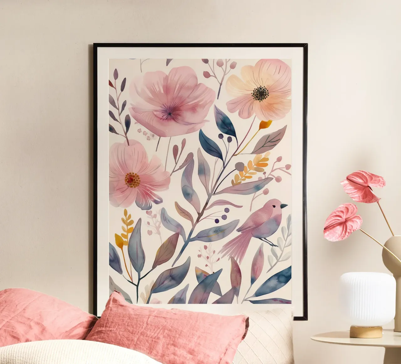 Carino rosa botanico primavera fiore papavero e uccello rosa fringuello poster con telaio in alluminio da Gentle Echoes Art