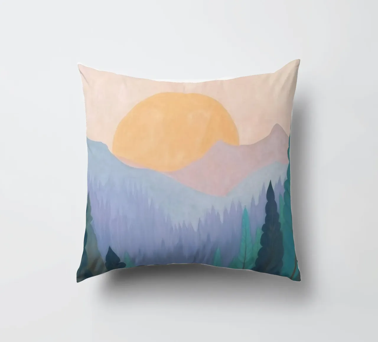 Alba su montagne e foreste nebbiose cuscino da Melloi Art Print